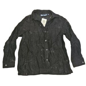 Susan Graver Blouse Women Medium Black Sheer Button Up Lace Floral Long Sleeve